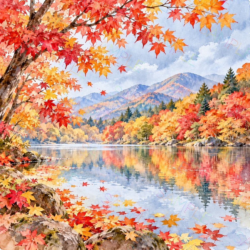 紅葉の秋景色|水彩風デジタルペーパー 3色セット