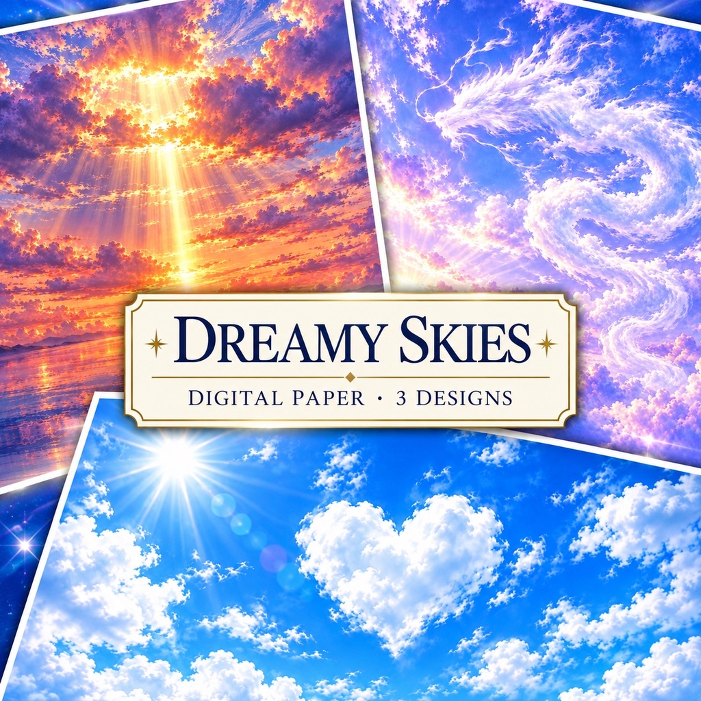 夢のような空のデジタルペーパー｜夕焼け・雲の龍・青空 3種類セット