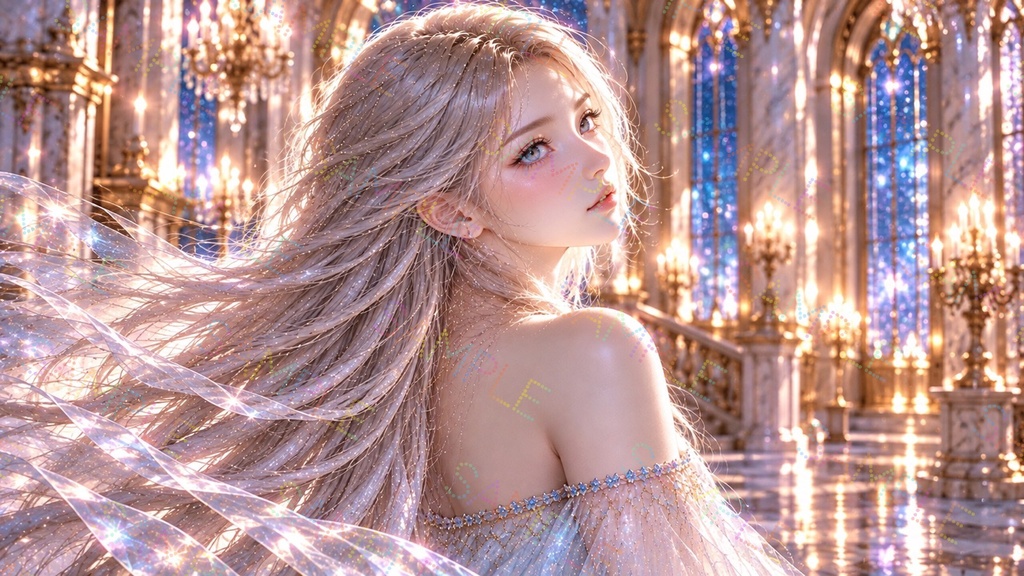 幻想的な銀髪の女性と輝く宮殿｜青い瞳のファンタジーイラスト素材 2枚セット
