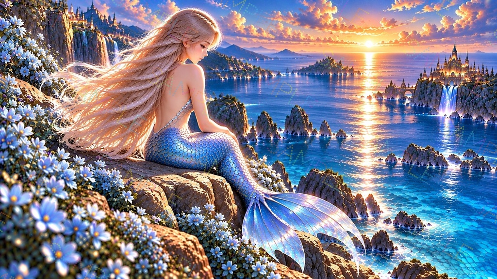 月明かりの海を泳ぐ人魚｜幻想的な青い鱗と真珠色の尾ひれ イラスト素材 2枚セット