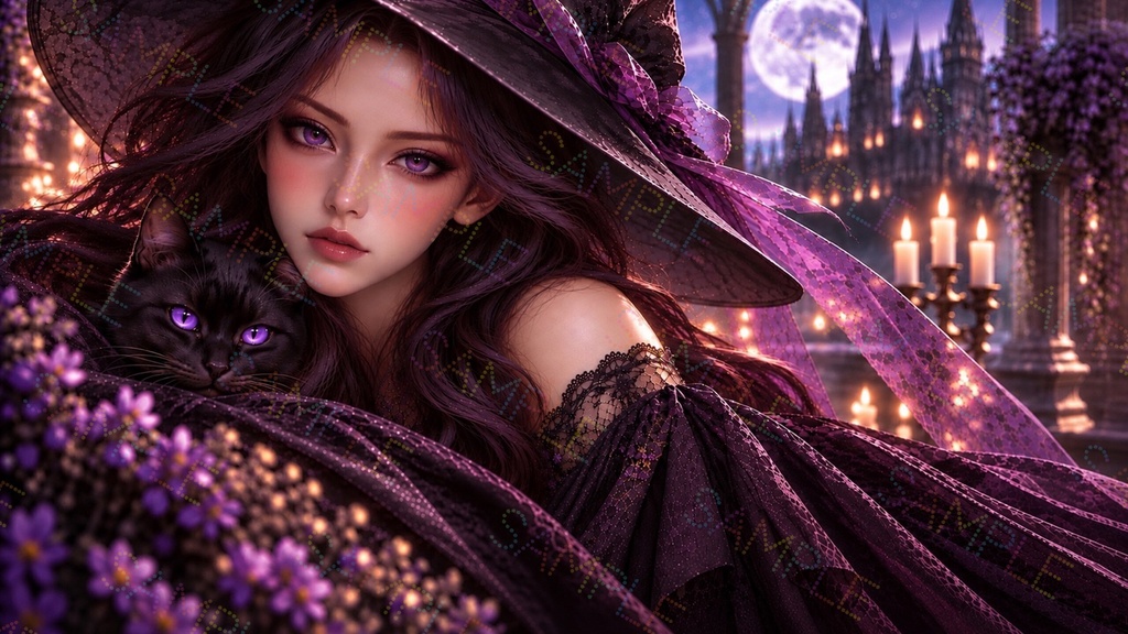 魔女と黒猫の幻想的なファンタジーイラスト素材 2枚セット｜紫の光と月夜の世界