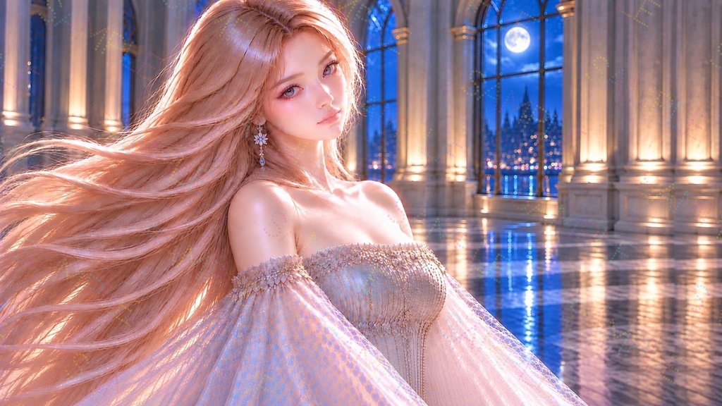 幻想的な女性イラスト素材 2枚セット｜金髪の美女と月夜の宮殿・神秘的なファンタジー背景