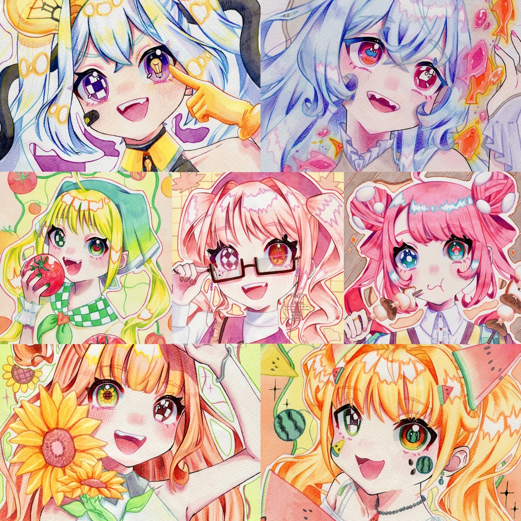 原画¦記号目シリーズ🍉🌻🍅🍁💡🍄🐟