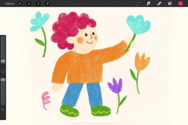 Procreate パステル/チョーク質感ブラシセット|クレヨン/ドライブラシ/スプレー点描/ノイズグレイン/エアブラシ/ラフライナー