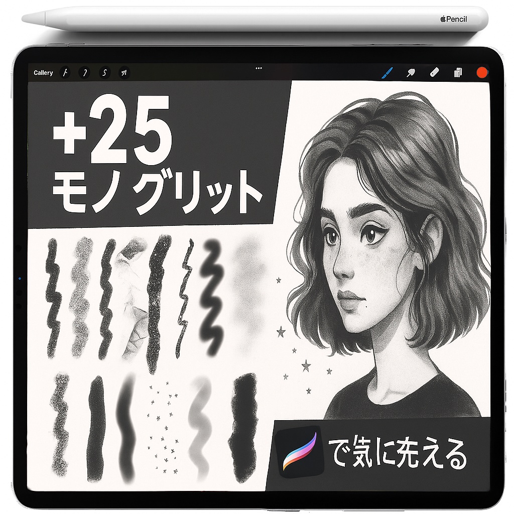 Procreate 木炭・鉛筆 テクスチャ ブラシ＆スタンプ｜Dry Brush／Stipple・Spray／Ink Liner／Soft Shader／Smudge／Star Scatter