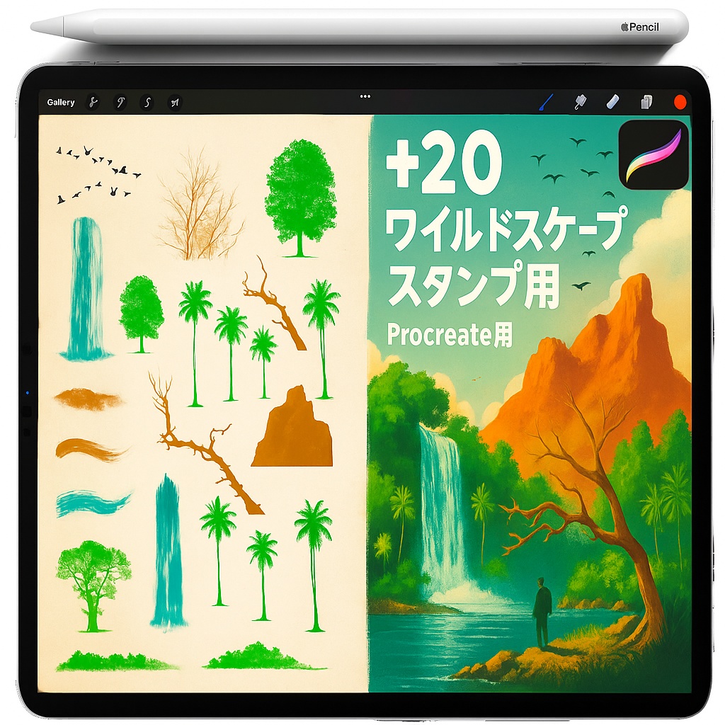 Procreate用ネイチャースタンプセット：木・枝・ヤシ・針葉樹・岩・滝・鳥の群れ・足跡