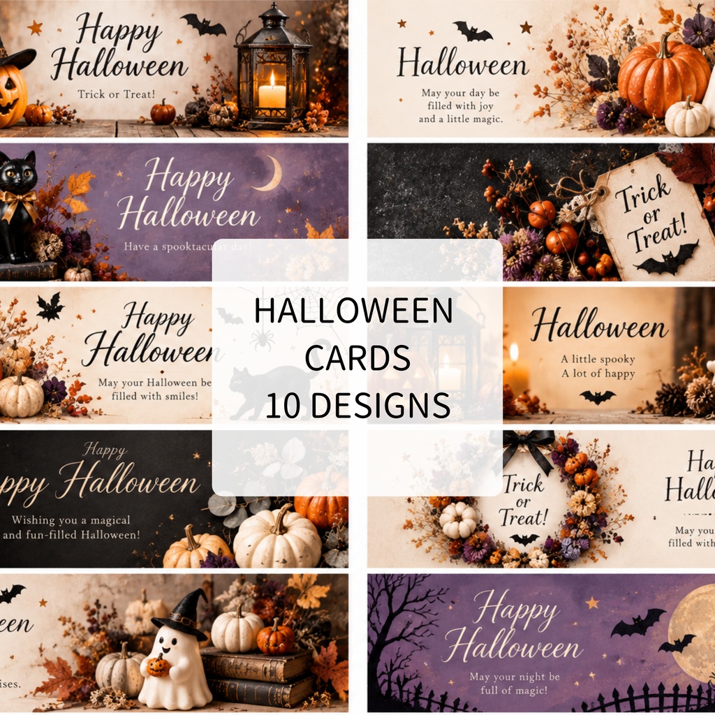 【ダウンロード素材】ハロウィン メッセージカード 10柄|印刷用デジタル素材・Halloween・カード・ラッピング