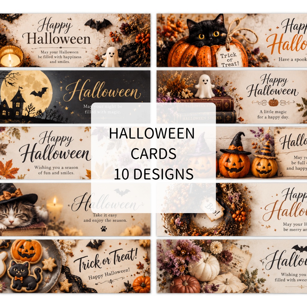 【ダウンロード素材】ハロウィン メッセージカード 10柄｜印刷用デジタル素材・Halloween・カード・ラッピング