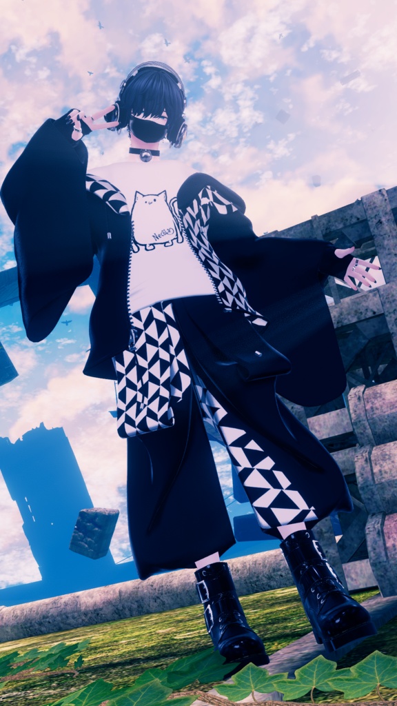 【Deorart モデル No.1リメイク】パンク系振袖パーカー・サルエルパンツコーデセット&とろとろねこNECOLA #BLUESTELLA