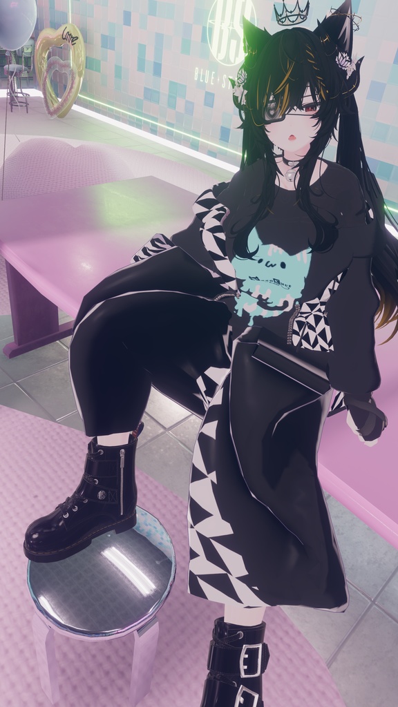 【Deorart モデル No.1リメイク】パンク系振袖パーカー・サルエルパンツコーデセット&とろとろねこNECOLA #BLUESTELLA