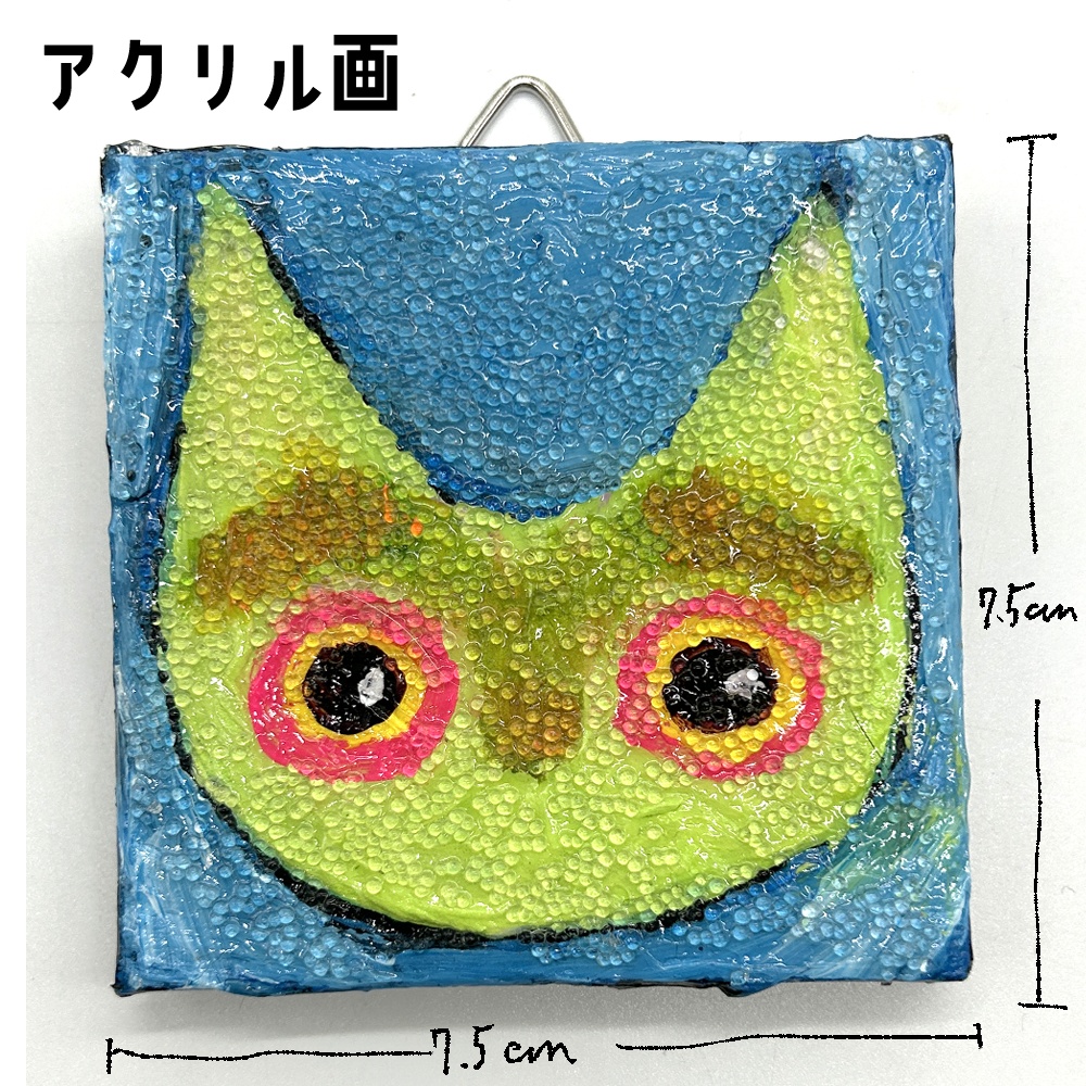 ミニアクリルキャンバス画　まんまる目猫【ライムグリーン/ターコイズ】7.5cm