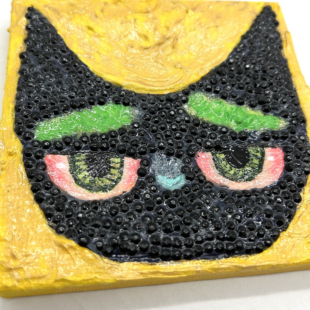 ミニアクリルキャンバス画 猫【緑眉】黒/イエロー 10cm