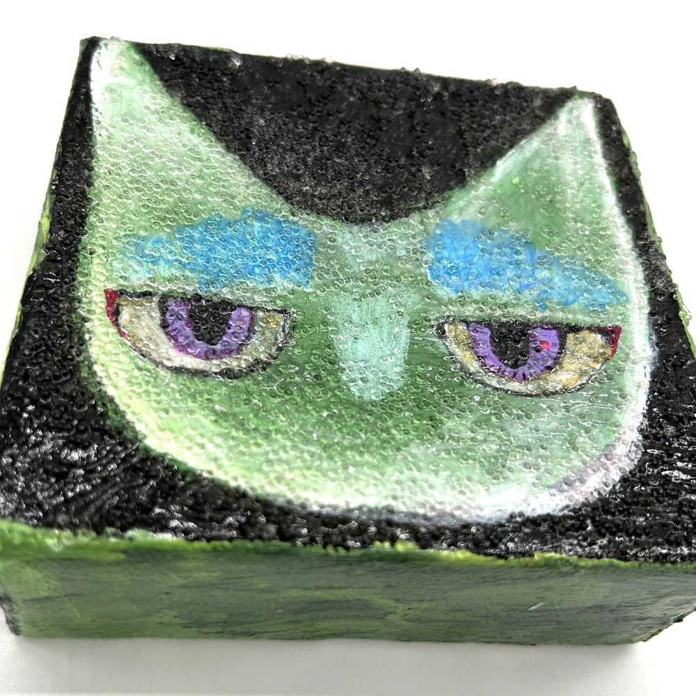 ミニアクリルキャンバス画 置き型 猫【グリーン】10cm