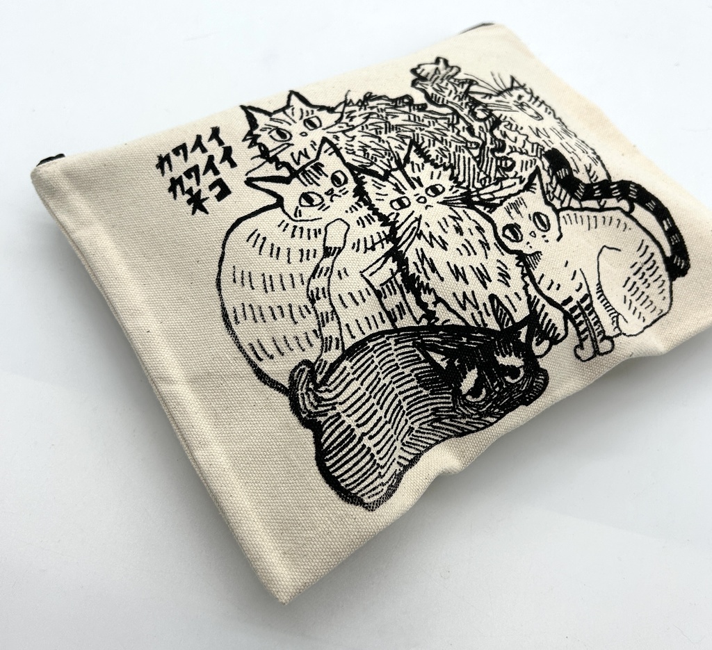 大きめポーチ カワイイカワイイネコ シルクスクリーン