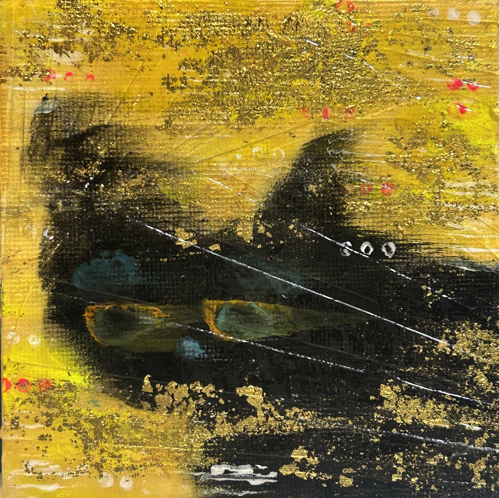 スピードイエロー猫　ミニアクリル画　　キャンバス10×10cm