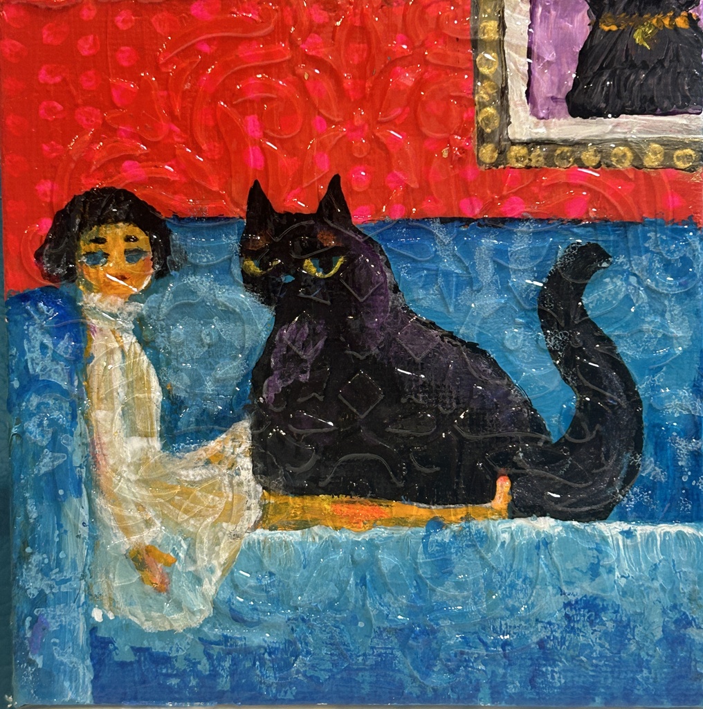 少女とデカ猫　ミニアクリル画　　キャンバス10×10cm