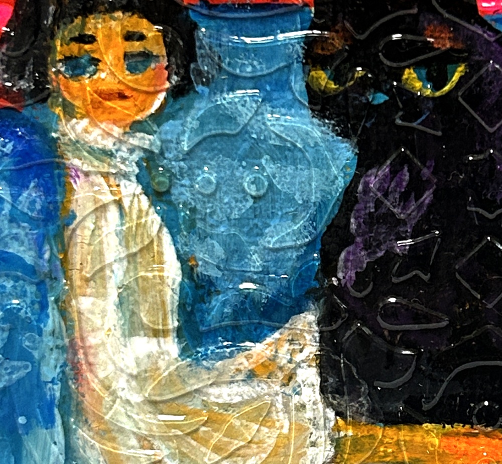 少女とデカ猫 ミニアクリル画 キャンバス10×10cm