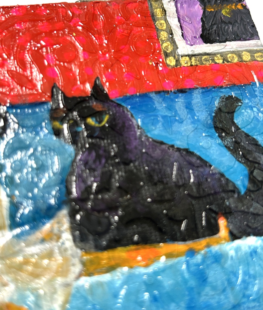 少女とデカ猫 ミニアクリル画 キャンバス10×10cm