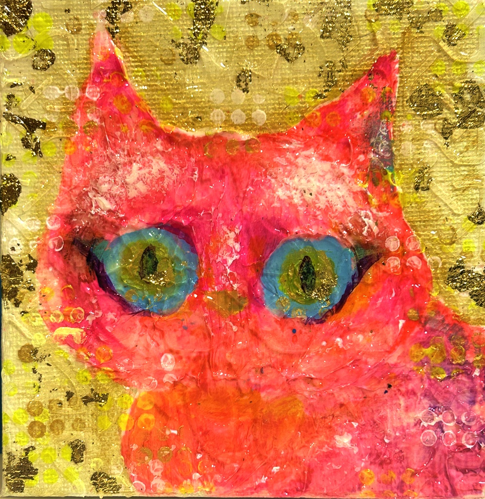 ゴージャスピンク猫　ミニアクリル画　　キャンバスボード10×10cm