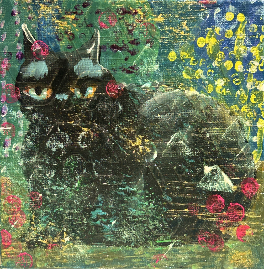 インザフォレスト猫　ミニアクリル画　　キャンバスボード10×10cm