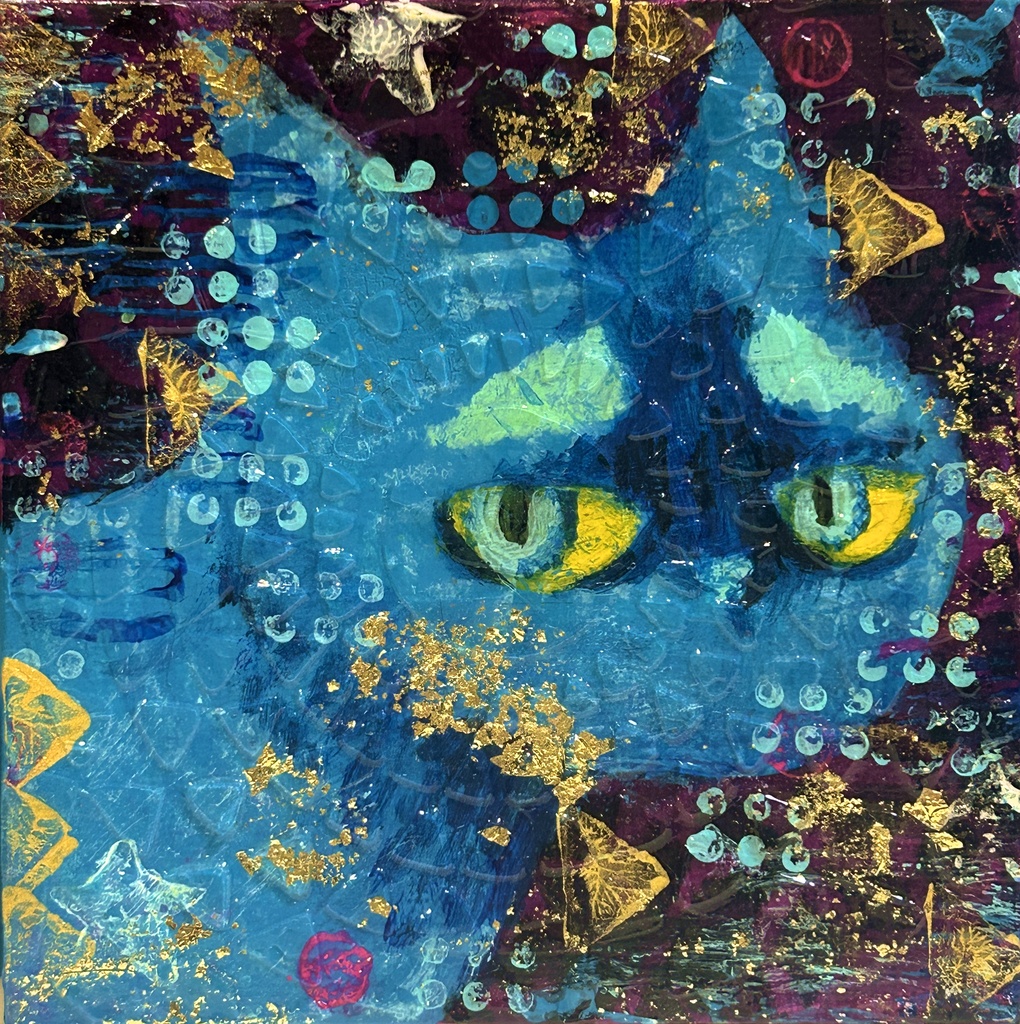 コズミックブルー猫　ミニアクリル画　　キャンバス10×10cm