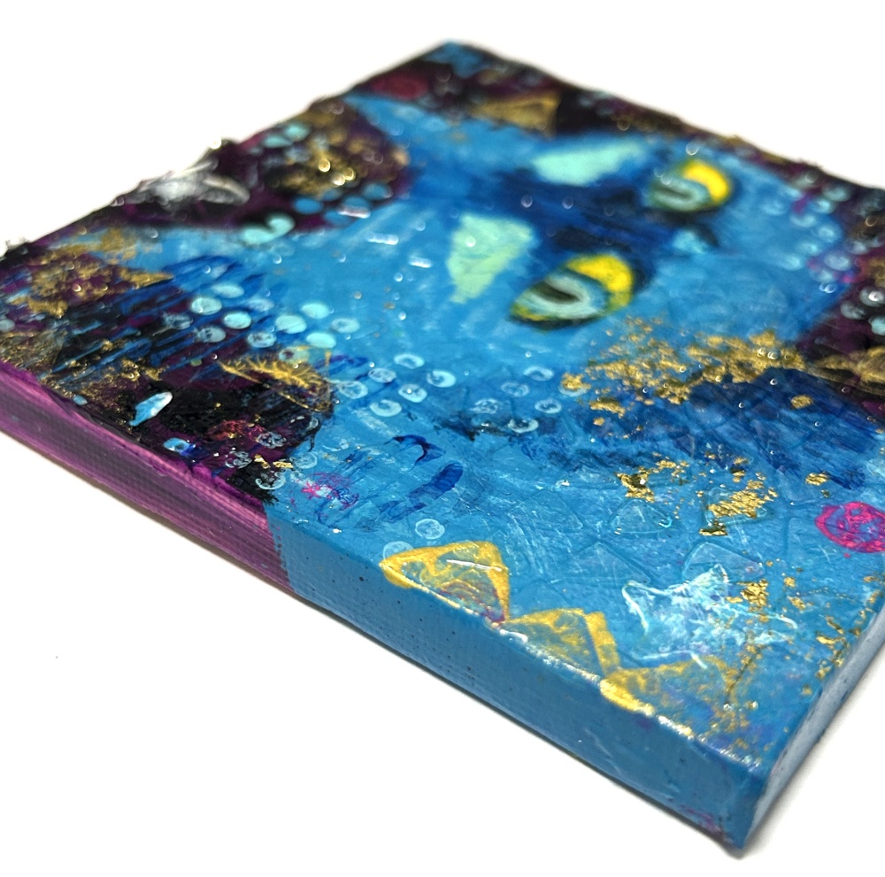 コズミックブルー猫 ミニアクリル画 キャンバス10×10cm