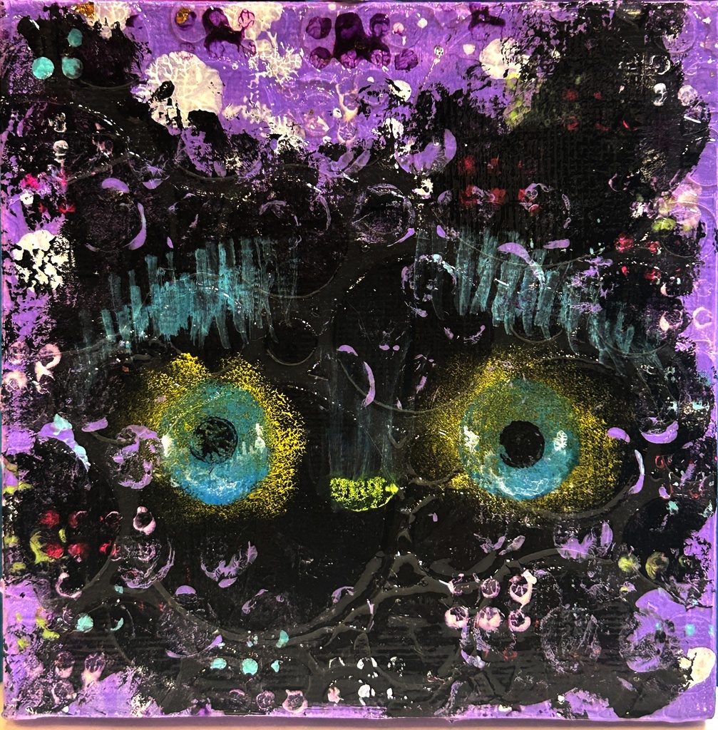 パープルバブルびっくりちゃん　ミニアクリル画　　キャンバス10×10cm