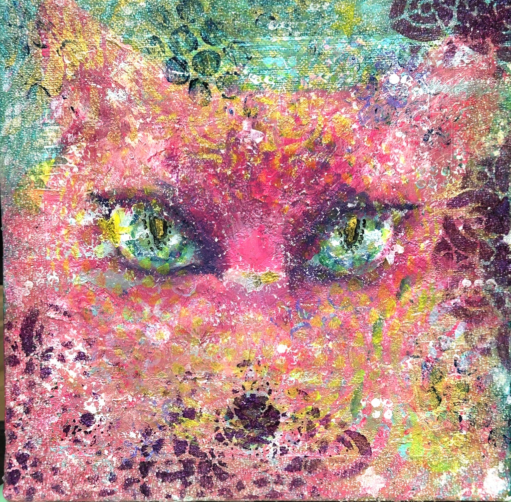 もふもふピンク コズミック アクリル画 キャンバス18×18cm