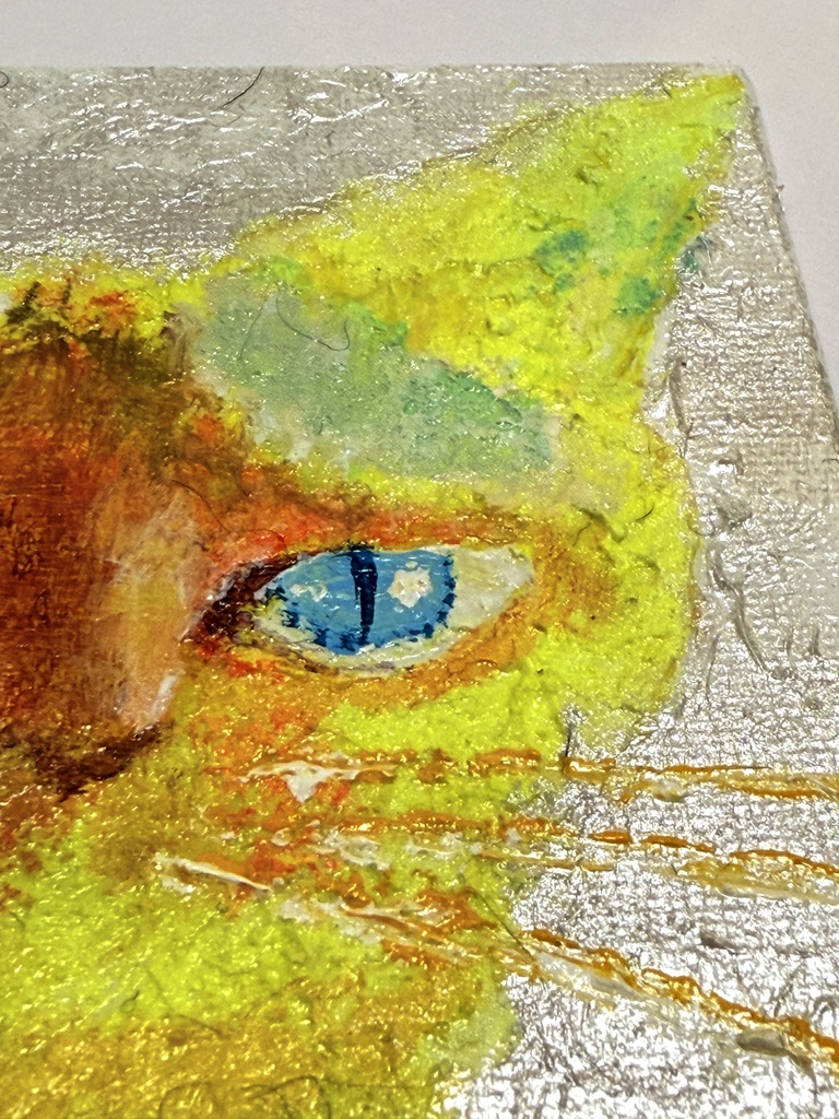 イエロー/シルバー ネコ アクリル画 10×10cm