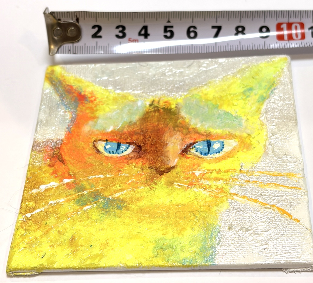イエロー/シルバー ネコ アクリル画 10×10cm