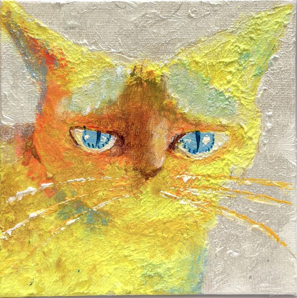 イエロー/シルバー ネコ アクリル画 10×10cm