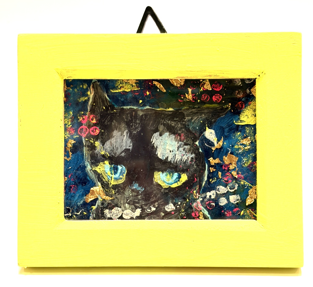 額付黒猫　アクリル画