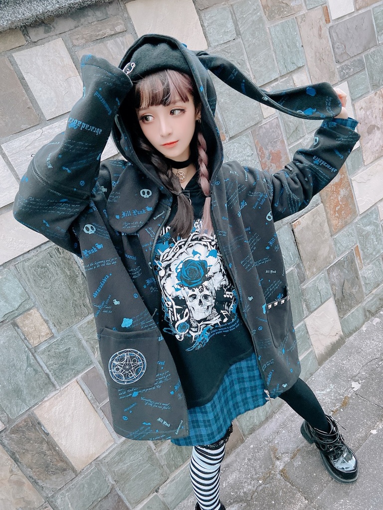 JillpunkオリジナルパンクKERA 錬金術アルケミーうさぎ賢者兎耳魔法陣裏起毛フルプリントパーカージャケット メンズ レディー V系 おしゃれ大きいサイズ男女兼用ファッション