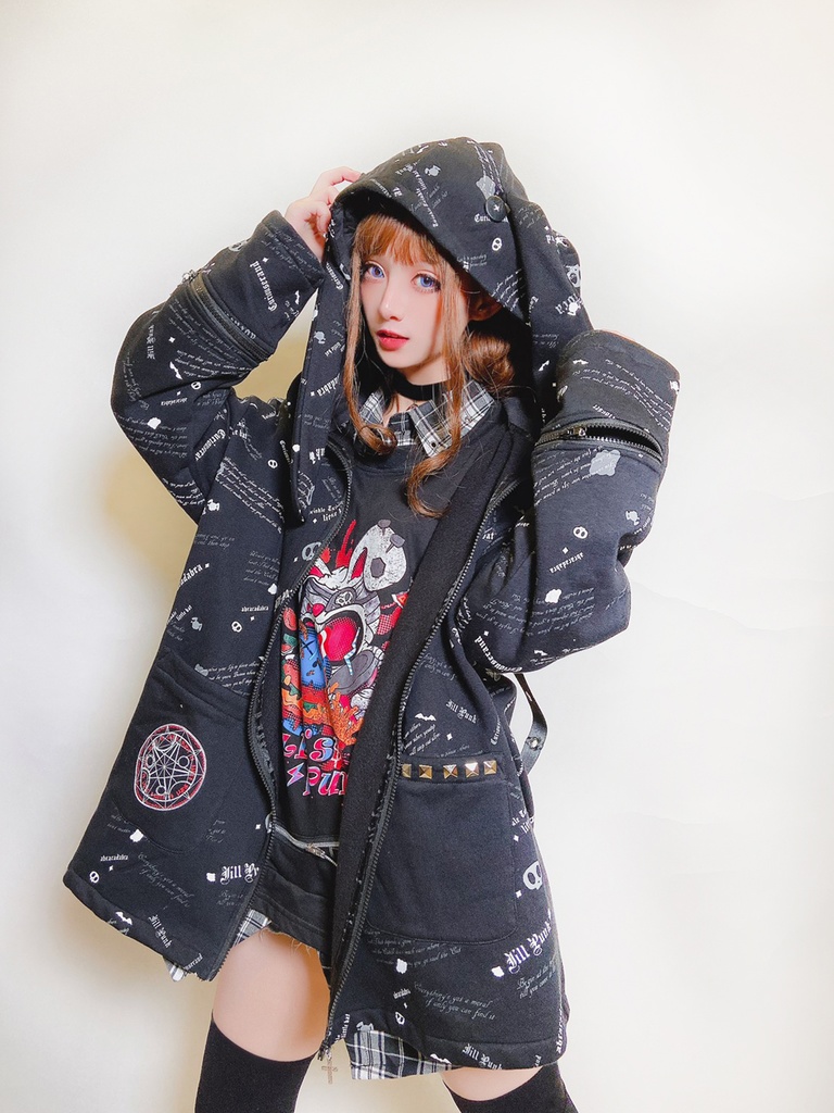 JillpunkオリジナルパンクKERA 錬金術アルケミーうさぎ賢者兎耳魔法陣裏起毛フルプリントパーカージャケット メンズ レディー V系 おしゃれ大きいサイズ男女兼用ファッション