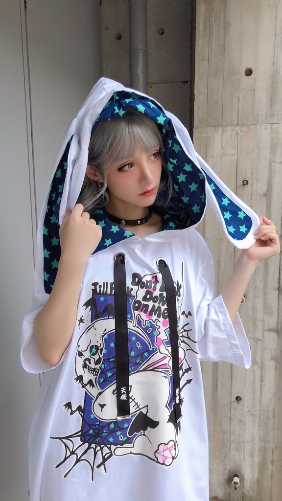 JillpunkオリジナルKERA二次コン可愛い 半神ウサギうさぎ⋆オルタスター柄ゆったり兎耳翼パーカーメンズ レディーズ おしゃれ大きいサイズ男女兼用ファッション秋葉系萌え