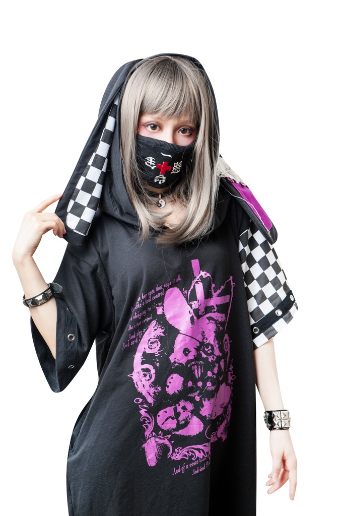 JillpunkオリジナルスタイルKERA戦慄の童話 呪い人形藁うさぎバニーウサギ耳ゆったりチェック柄パーカーチュニックワンピース パンクメンズ レディースV系