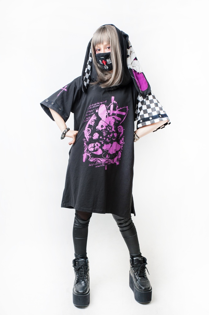 JillpunkオリジナルスタイルKERA戦慄の童話 呪い人形藁うさぎバニーウサギ耳ゆったりチェック柄パーカーチュニックワンピース パンクメンズ レディースV系