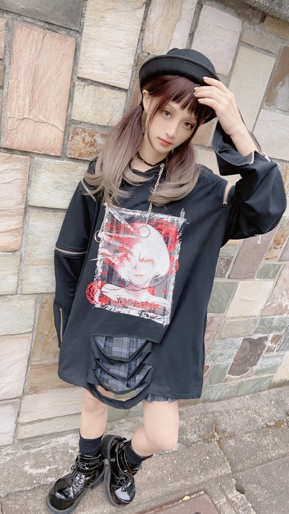 JillpunkオリジナルパンクKERA アニメファンタジー アネモネアドーニスオートマタ鉄チェーンジッパー付きゆったりクルーネックパーカー メンズ レディー V系 カッコいいおしゃれ大きいサイズ男女兼用ファッション秋葉系