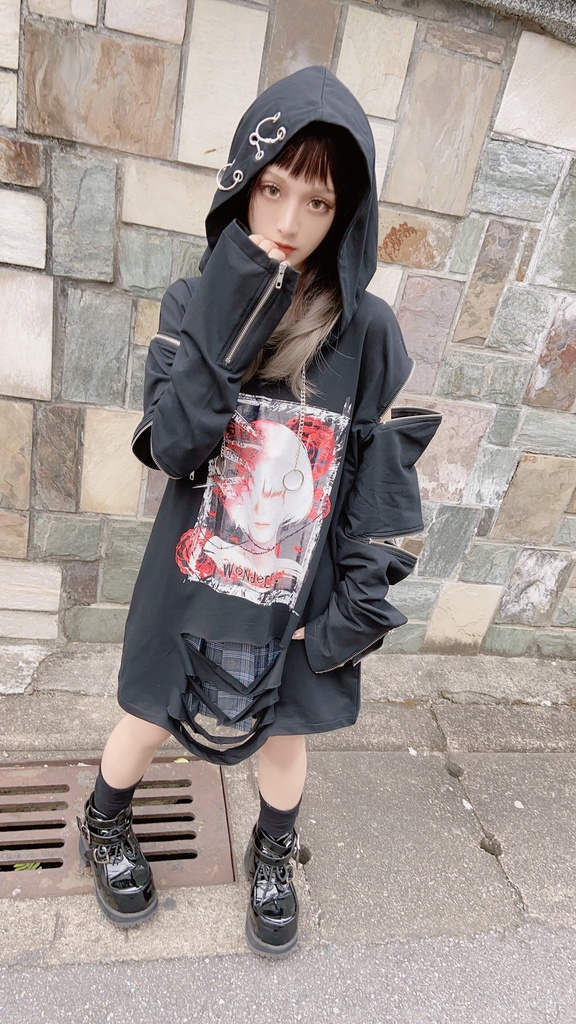 JillpunkオリジナルパンクKERA アニメファンタジー アネモネアドーニスオートマタ鉄チェーンジッパー付きゆったりクルーネックパーカー メンズ レディー V系 カッコいいおしゃれ大きいサイズ男女兼用ファッション秋葉系