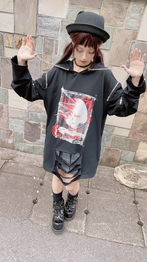 JillpunkオリジナルパンクKERA アニメファンタジー アネモネアドーニスオートマタ鉄チェーンジッパー付きゆったりクルーネックパーカー メンズ レディー V系 カッコいいおしゃれ大きいサイズ男女兼用ファッション秋葉系