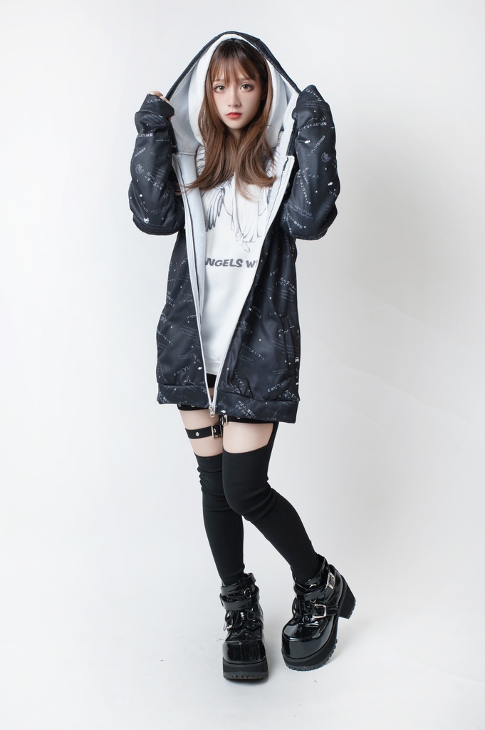 JillpunkオリジナルパンクKERA 遅刻魔超かわいいお宅顔文字仮名フルプリントゆったり長袖パーカーフード付ジャケット メンズ レディー V系 おしゃれ大きいサイズ男女兼用ファッション秋葉系