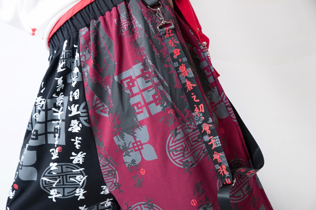 JillpunkオリジナルパンクKERA 中華風書聖蘭亭序漢字書道和風ワイド剣道パンツサスペンダー付きズボン メンズ レディースV系秋葉系和風 おしゃれ COSPLAY