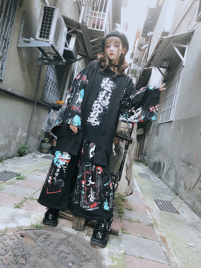 JillpunkオリジナルKERA 二次コン文豪羅生門茨木童子ヴィンテージ漢字書道和風ワイド剣道パンツズボン メンズ レディースV系秋葉系和風 おしゃれ COSPLAY