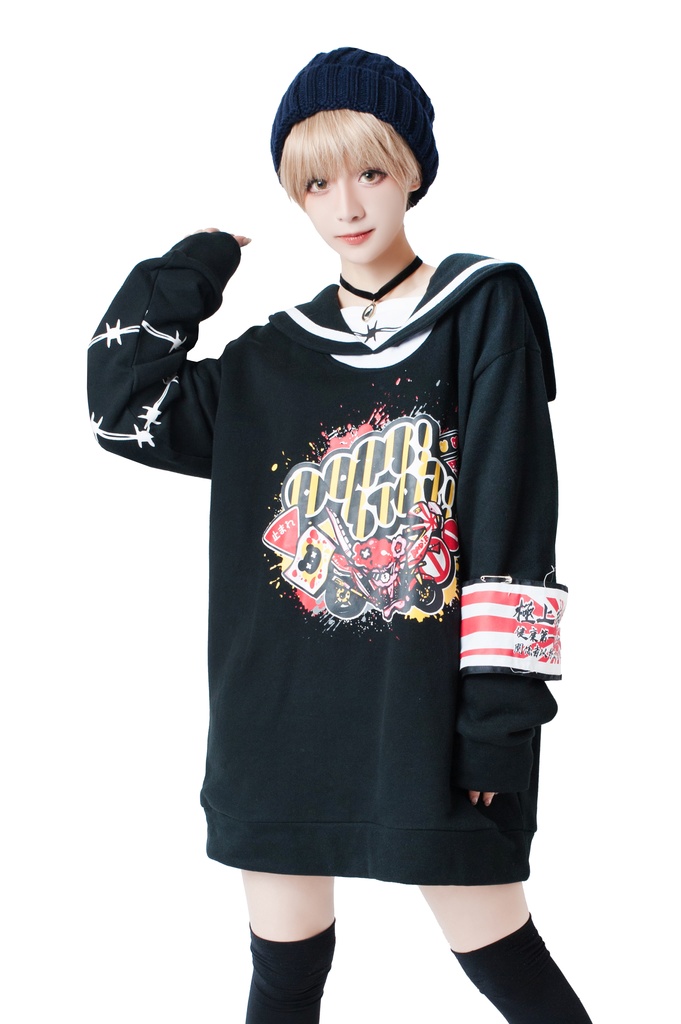 JillpunkオリジナルKERA二次コン可愛い 暴走熊アニキベア不良高校リバーシブルリストバンド付きセーラー服ワンピース制服Tシャツ ロリータ Lolita森ガール レディーおしゃれファッション秋葉系萌え