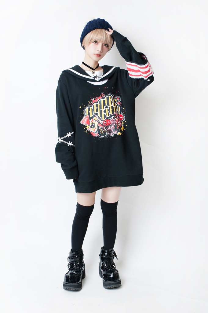 JillpunkオリジナルKERA二次コン可愛い 暴走熊アニキベア不良高校リバーシブルリストバンド付きセーラー服ワンピース制服Tシャツ ロリータ Lolita森ガール レディーおしゃれファッション秋葉系萌え