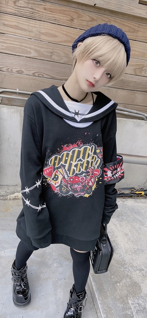 JillpunkオリジナルKERA二次コン可愛い 暴走熊アニキベア不良高校リバーシブルリストバンド付きセーラー服ワンピース制服Tシャツ ロリータ Lolita森ガール レディーおしゃれファッション秋葉系萌え