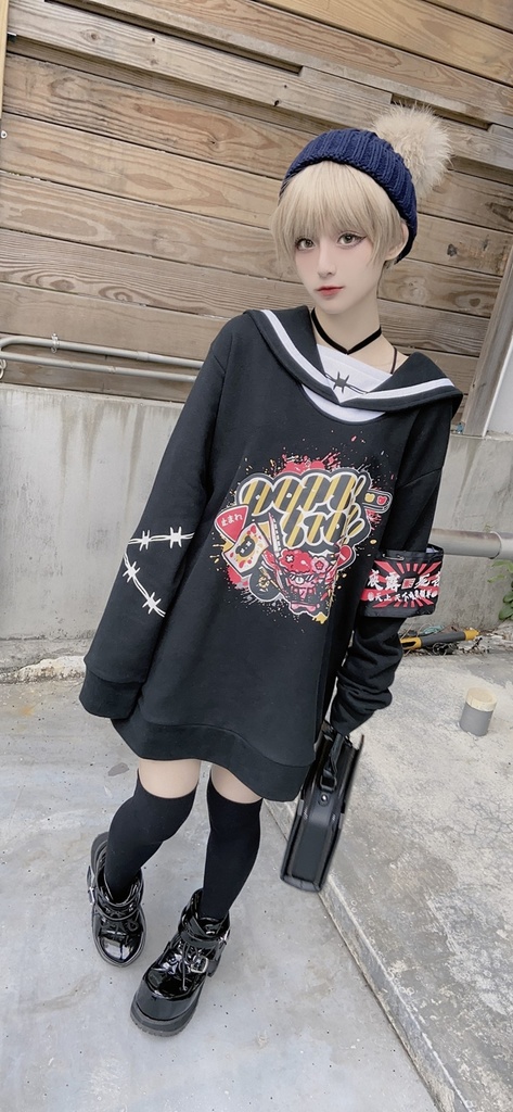 JillpunkオリジナルKERA二次コン可愛い 暴走熊アニキベア不良高校リバーシブルリストバンド付きセーラー服ワンピース制服Tシャツ ロリータ Lolita森ガール レディーおしゃれファッション秋葉系萌え