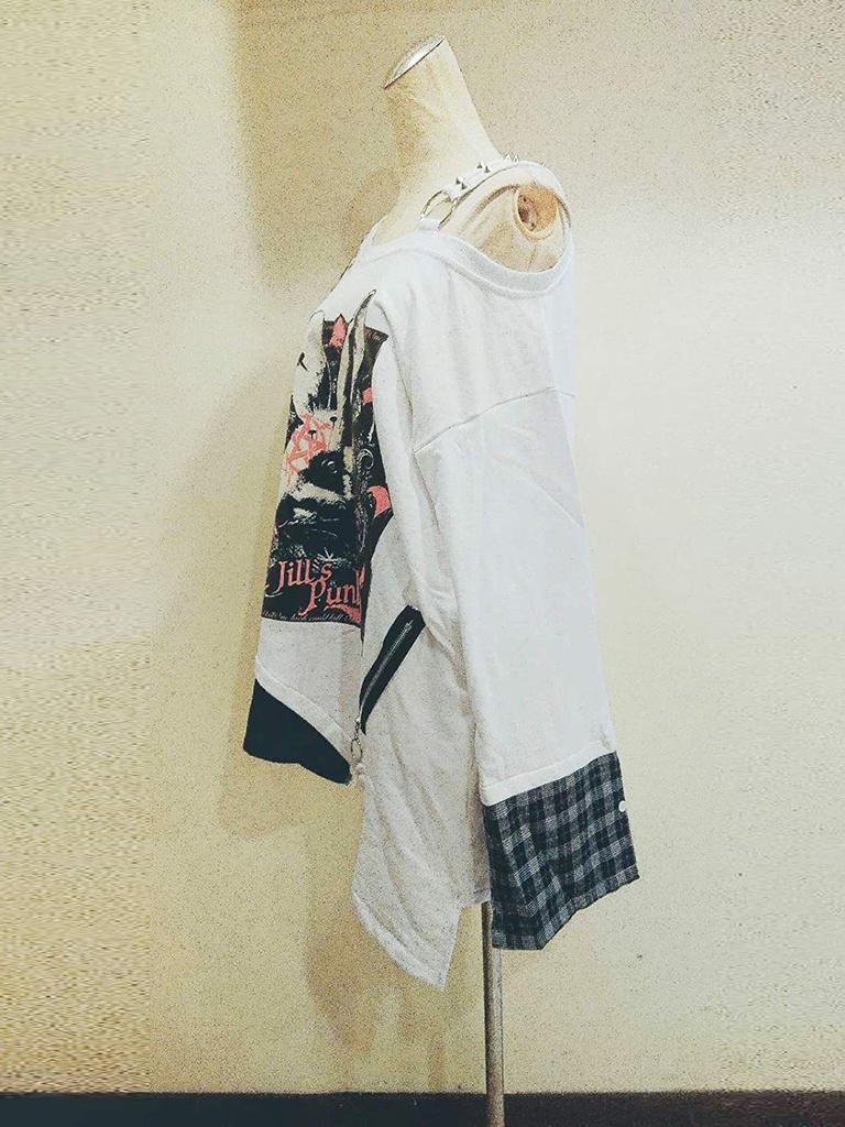 JillpunkオリジナルスタイルKERA MedUsagi蛇髪メドゥーサウサギタータンチェック柄アシンメトリーゆったりTシャツ メンズ レディーズ ストリート系 カジュアル おしゃれ大きいサイズ男女兼用ヒップホップ