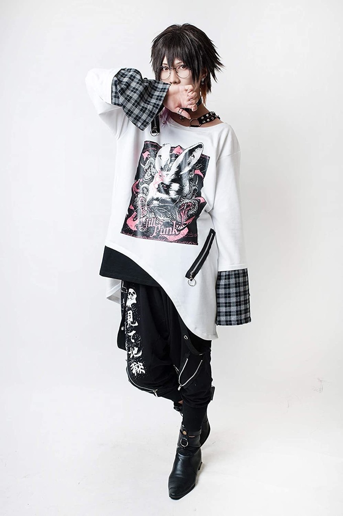 JillpunkオリジナルスタイルKERA MedUsagi蛇髪メドゥーサウサギタータンチェック柄アシンメトリーゆったりTシャツ メンズ レディーズ ストリート系 カジュアル おしゃれ大きいサイズ男女兼用ヒップホップ