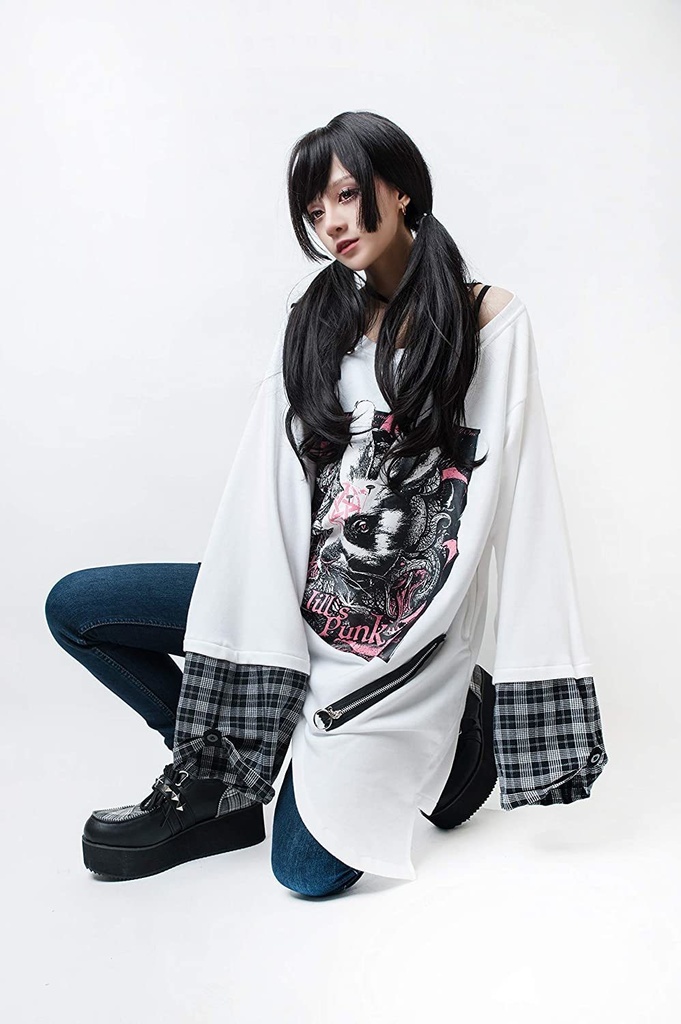 JillpunkオリジナルスタイルKERA MedUsagi蛇髪メドゥーサウサギタータンチェック柄アシンメトリーゆったりTシャツ メンズ レディーズ ストリート系 カジュアル おしゃれ大きいサイズ男女兼用ヒップホップ